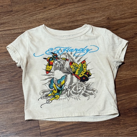 Ed Hardy True Eagle Rhinestone Natural Crop T-Shirt Cream Size Small - Picture 6 of 13